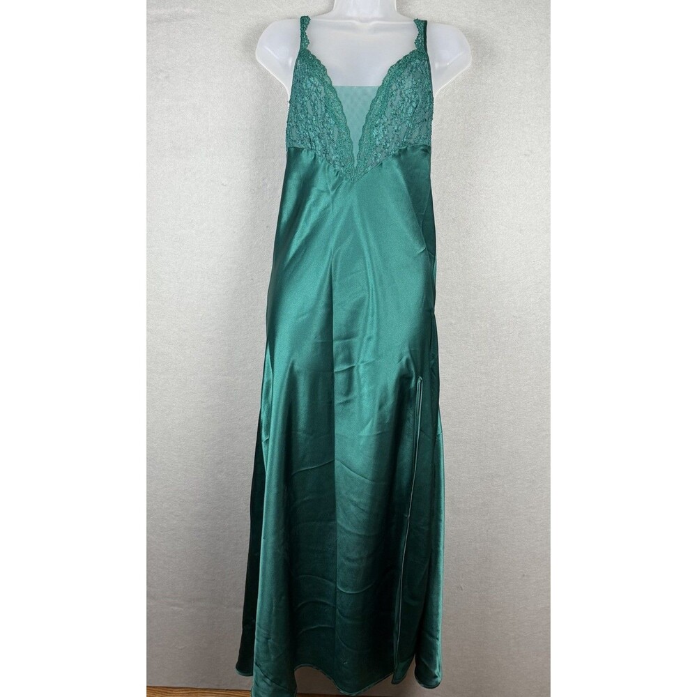 VTG Victorias Secret Gold Label Sz L Emerald‎ Green Satin Slip Dress Gown